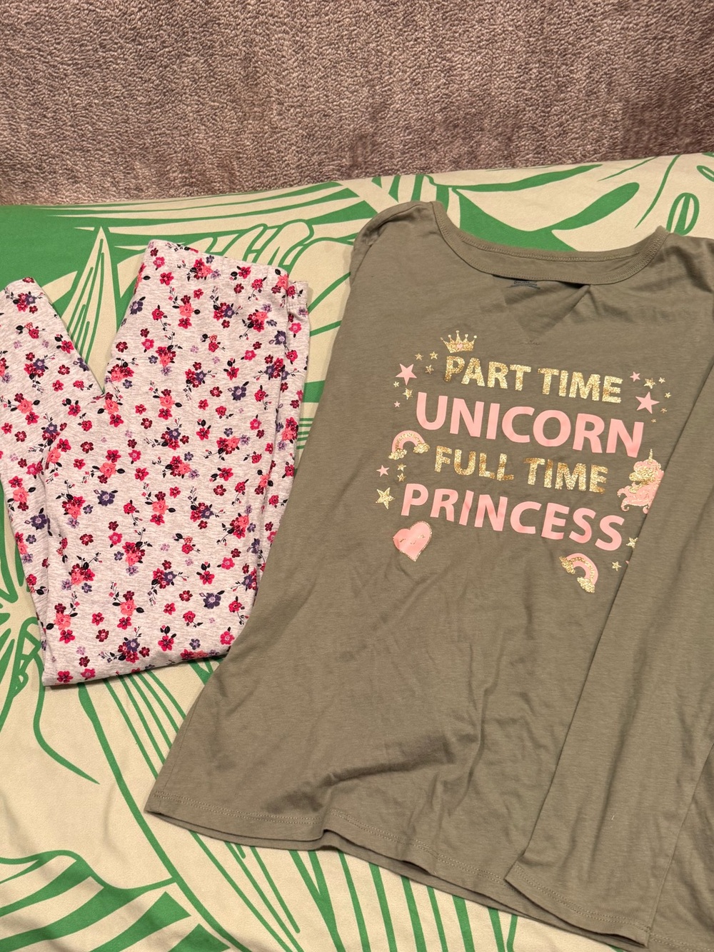 Kids Green 'Part Time Unicorn & floral leggings
